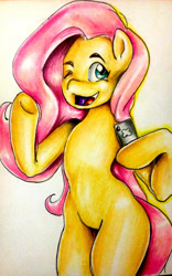 Size: 1024x1638 | Tagged: safe, artist:nolyanimeid, imported from derpibooru, fluttershy, pegasus, pony, bipedal, cellphone, female, hoof hold, looking at you, mare, missing cutie mark, one eye closed, open mouth, open smile, phone, selfie, smartphone, smiling, smiling at you, solo, traditional art, wingless, wink, winking at you