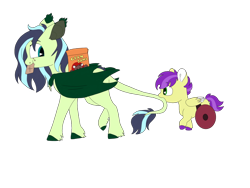 Size: 1280x960 | Tagged: safe, artist:doodletheexpoodle, imported from derpibooru, oc, oc only, oc:speed well, oc:whistle tune, bat pony, pegasus, pony, bat pony oc, biting, brothers, colt, duo, graham cracker, male, mouth hold, offspring, parent:fluttershy, parent:soarin', parents:soarinshy, siblings, tail, tail bite, wheelchair