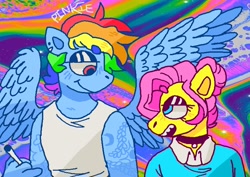 Size: 786x558 | Tagged: safe, artist:uppypups, imported from derpibooru, fluttershy, rainbow dash, anthro, pegasus, abstract background, cigarette, female, flutterdash, height difference, lesbian, looking at each other, shipping, smoking