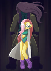 Size: 1280x1801 | Tagged: safe, artist:howxu, imported from derpibooru, fluttershy, human, boots, breasts, busty fluttershy, clothes, commission, duality, female, fingerless gloves, flutterhulk, glasses, gloves, hair over one eye, humanized, lab coat, leotard, marvel comics, muscles, muscleshy, pony coloring, round glasses, she-hulk, shoes, solo, standing, superhero, windswept hair