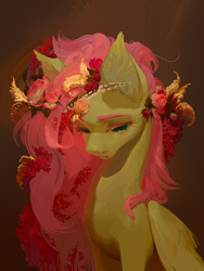 Size: 3000x4000 | Tagged: safe, artist:yanisfucker, imported from derpibooru, fluttershy, pegasus, pony, beautiful, big ears, bust, colored eyebrows, colored eyelashes, cute, ear fluff, eyelashes, featured image, female, flower, flower in hair, folded wings, gradient background, high res, long mane, looking down, mare, portrait, sad, shyabetes, solo, teal eyes, teary eyes, three quarter view, wings