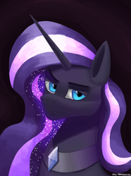 Size: 1000x1346 | Tagged: safe, artist:vezja, imported from derpibooru, nightmare rarity, pony, bust, ethereal mane, female, gem, horn, jewelry, looking at you, mare, portrait, regalia, simple background, solo