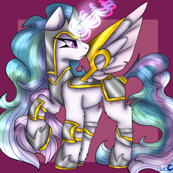 Size: 1440x1439 | Tagged: safe, artist:bluemoon, imported from derpibooru, princess celestia, alicorn, pony, armor, female, horn, magic, mare, royal guard, royal sisters, royalty, siblings, sisters, solo, spread wings, warrior, warrior celestia, wings