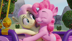 Size: 3840x2160 | Tagged: safe, artist:gabro46, imported from derpibooru, fluttershy, pinkie pie, earth pony, pegasus, pony, rainbow roadtrip, 3d, blender, duo, eyes closed, female, high res, hot air balloon, hug, mare, smiling