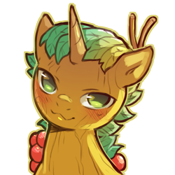 Size: 1159x1159 | Tagged: safe, artist:cold-blooded-twilight, imported from derpibooru, snails, dryad, original species, plant pony, berry, blushing, colt, horn, male, plant, simple background, smiling, solo, species swap, transparent background, wood