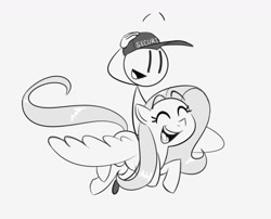 Size: 1280x1036 | Tagged: safe, artist:leynovi, imported from derpibooru, fluttershy, pegasus, pony, cap, crossover, cute, dave panpa, duo, eyes closed, female, flying, gray background, grayscale, hat, henry stickmin, humans riding ponies, male, mare, monochrome, open mouth, open smile, riding, shyabetes, simple background, smiling, spread wings, stick figure, wings