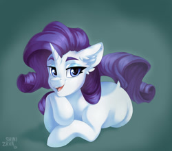 Size: 1432x1262 | Tagged: safe, artist:shinizavr, imported from derpibooru, rarity, pony, unicorn, cute, ear fluff, female, gradient background, lidded eyes, looking at you, lying down, mare, open mouth, open smile, prone, smiling, solo, supporting head, three quarter view