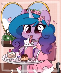 Size: 1702x2048 | Tagged: safe, artist:sakukitty, imported from derpibooru, izzy moonbow, semi-anthro, unicorn, spoiler:my little pony: a new generation, blushing, cake, clothes, cute, dress, female, flan, flower, flower in hair, food, g5, ice cream, izzybetes, mare, my little pony: a new generation, pudding, smiling, solo