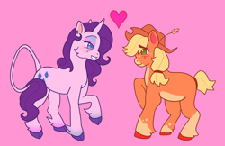 Size: 2048x1331 | Tagged: safe, artist:mangostar, imported from derpibooru, applejack, rarity, earth pony, pony, unicorn, blushing, cowboy hat, female, hat, heart, leonine tail, lesbian, mare, rarijack, shipping, tail