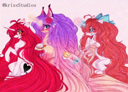 Size: 4907x3541 | Tagged: safe, artist:krissstudios, imported from derpibooru, oc, oc only, oc:nokori, oc:summer stars, oc:yuko, alicorn, pony, unicorn, absurd file size, alicorn oc, brush, female, hairbrush, horn, impossibly long tail, long hair, long mane, long tail, magic, mare, tail, wings