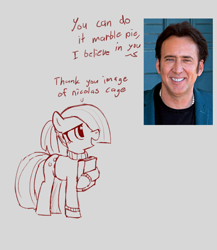 Size: 1300x1500 | Tagged: safe, artist:kabayo, marble pie, earth pony, pony, book, clothes, dialogue, encouragement, monochrome, nicholas cage, open mouth, simple background, smiling, sweater