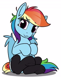 Size: 3243x4096 | Tagged: safe, alternate version, artist:dacaoo, imported from derpibooru, rainbow dash, pegasus, pony, black socks, clothes, cute, dashabetes, eyebrows, eyebrows visible through hair, female, high res, looking at you, mare, simple background, sitting, smiling, smiling at you, socks, solo, underhoof, white background, wing fluff, wings