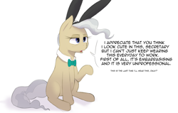 Size: 3400x2160 | Tagged: safe, artist:hitsuji, imported from derpibooru, mayor mare, earth pony, pony, bowtie, bunny ears, dialogue, female, high res, mare, simple background, sitting, solo, text, white background