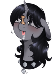 Size: 1640x2360 | Tagged: safe, artist:vaiola, imported from derpibooru, oc, oc only, oc:howl, pony, unicorn, behaving like a dog, blushing, bone, bust, collar, commission, drool, female, floppy ears, food, head only, horn, long mane, pet tag, portrait, simple background, solo, spiked collar, tongue out, transparent background, treat on nose, waiting, watermark