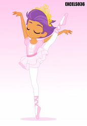 Size: 2480x3595 | Tagged: safe, artist:excelso36, imported from derpibooru, tender taps, equestria girls, ballerina, ballet dancing, ballet slippers, clothes, crossdressing, en pointe, equestria girls-ified, eyes closed, girly, gradient background, high res, jewelry, male, simple background, sissy, solo, splits, standing, standing splits, tiara, tutu