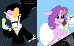 Size: 1920x1200 | Tagged: safe, artist:brainiac, imported from derpibooru, pipp petals, pegasus, pony, adorapipp, crossover, cute, deltarune, downvote bait, female, g5, mare, my little pony: a new generation, phone, puppet, spamton, spamton g. spamton, text, that pony sure does love phones, tiktok, time-lapse included