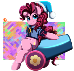 Size: 3846x3655 | Tagged: safe, artist:pridark, imported from derpibooru, pinkie pie, earth pony, pony, fanfic:dream-mix predawn, clothes, cute, cutie mark, diapinkes, female, high res, looking at you, mare, party cannon, patreon, patreon reward, smiling, solo