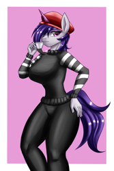 Size: 1400x2100 | Tagged: safe, artist:zachc, imported from derpibooru, anthro, unicorn, beatnik pony, beret, clothes, commission, cup, female, g5, hat, looking at you, my little pony: a new generation, onyx, solo, teacup