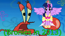 Size: 720x395 | Tagged: safe, imported from derpibooru, twilight sparkle, alicorn, pony, princess twilight sparkle (episode), alicorn drama, clothes, crown, drama, jewelry, looking at something, looking at you, mr. krabs, open mouth, reference, regalia, sad, spongebob reference, spongebob squarepants, text, twilight sparkle (alicorn), youtube poop