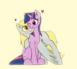 Size: 3000x2700 | Tagged: safe, artist:manicpanda, imported from derpibooru, derpy hooves, twilight sparkle, pegasus, pony, unicorn, blushing, colored pupils, cute, derpabetes, female, heart, high res, hug, lesbian, looking at each other, nuzzling, shipping, simple background, sitting, spread wings, tan background, twerpy, twiabetes, unicorn twilight, winghug, wings