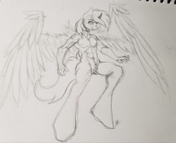 Size: 2048x1666 | Tagged: safe, artist:skygunner, imported from derpibooru, oc, oc only, oc:noteworthy, alicorn, anthro, male, pubic fluff, sketch, solo, traditional art