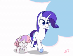 Size: 1280x984 | Tagged: safe, artist:storyteller, imported from derpibooru, rarity, sweetie belle, pony, unicorn, animated, cute, diasweetes, duo, excited, female, filly, hopping, loop, mare, no sound, raribetes, siblings, sisters, smiling, underhoof, walking, webm
