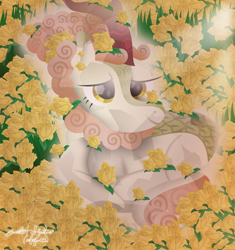 Size: 3917x4172 | Tagged: safe, artist:lincolnbrewsterfan, derpibooru exclusive, imported from derpibooru, autumn blaze, kirin, pony, .svg available, absurd resolution, abundance, adorable face, alternate hairstyle, alternate horn design, alternate tailstyle, awwtumn blaze, cloven hooves, crystal kirin, crystallized, curled up, curls, curly mane, curly tail, cute, cute face, cute smile, ear piercing, earring, female, flourish, flower, flower field, flower in hair, flower on ear, flowers everywhere, glowing, grass, grass field, happy, horn, jewelry, lineless, looking at you, lying down, nc-tv signature, overlay, piercing, ponyloaf, prone, rose, scales, signature, smiling, smiling at you, solo, svg, tail, vector, yellow, yellow rose