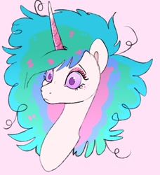 Size: 672x737 | Tagged: safe, artist:woollyart, imported from derpibooru, princess celestia, alicorn, pony, bust, colored pupils, curved horn, disheveled, eyeshadow, female, horn, makeup, mare, messy mane, pink background, simple background, solo, sparkles, surprised, toy interpretation, wide eyes