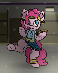 Size: 800x1000 | Tagged: safe, artist:bloodysticktape, imported from derpibooru, pinkie pie, earth pony, pony, bipedal, clothes, ear piercing, earring, female, gypsy bard, heart ears, jewelry, musical instrument, piercing, solo, standing, standing on one leg, tambourine