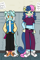 Size: 1000x1500 | Tagged: safe, artist:bloodysticktape, imported from derpibooru, bon bon, lyra heartstrings, sweetie drops, anthro, bonnie (vylet pony), converse, female, heart ears, height difference, lesbian, lyrabon, no pupils, shipping, shoes, sneakers, vylet pony