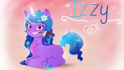 Size: 1920x1080 | Tagged: safe, artist:justinmacklis, imported from derpibooru, izzy moonbow, pony, unicorn, spoiler:my little pony: a new generation, coat markings, facial markings, female, flower, flower in hair, g5, jewelry, mare, mouth hold, my little pony: a new generation, necklace, paint, paintbrush, ponyloaf, redesign, smiling, solo, star (coat marking)
