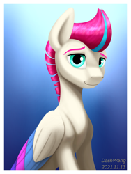 Size: 1668x2224 | Tagged: safe, artist:dash wang, imported from derpibooru, zipp storm, pegasus, pony, bust, female, folded wings, g5, gradient background, looking at you, mare, my little pony: a new generation, smiling, solo, three quarter view, wings