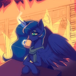 Size: 2048x2048 | Tagged: safe, artist:yumkandie, imported from derpibooru, princess luna, alicorn, pony, coffee mug, female, fireplace, glowing, glowing horn, high res, horn, levitation, magic, mare, mug, server, shiftonsecurity, solo, telekinesis