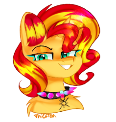 Size: 2409x2537 | Tagged: safe, artist:thieftea, imported from derpibooru, sunset shimmer, pony, unicorn, equestria girls, bust, collar, female, grin, high res, portrait, simple background, smiling, solo, spiked collar, white background