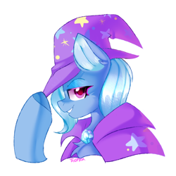 Size: 3400x3400 | Tagged: safe, artist:thieftea, imported from derpibooru, trixie, pony, unicorn, chest fluff, diamond, female, hat, high res, lidded eyes, looking at you, simple background, smiling, solo, white background