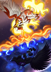 Size: 755x1058 | Tagged: safe, artist:sadinure, imported from derpibooru, daybreaker, nightmare moon, alicorn, pony, blue eyes, blue mane, duel, feather, female, fight, flowing mane, flowing tail, flying, helmet, hoof shoes, horn, magic, mane of fire, open mouth, sky, spread wings, stars, tail, teeth, wings, yellow eyes