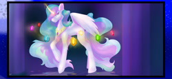 Size: 1280x596 | Tagged: safe, artist:wifflethecatboi, imported from derpibooru, princess celestia, alicorn, pony, digital art, element of generosity, element of honesty, element of kindness, element of laughter, element of loyalty, element of magic, elements of harmony, feather, female, flowing mane, flowing tail, gem, glowing, glowing horn, horn, jewelry, magic, pink eyes, reflection, regalia, signature, simple background, solo, tail, wings