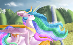 Size: 1131x707 | Tagged: safe, artist:lightrose1, imported from derpibooru, princess celestia, alicorn, pony, canterlot, chest fluff, cloud, crown, ethereal mane, feather, female, flowing mane, flowing tail, folded wings, glowing, glowing horn, horn, jewelry, lookout, mountain, pink eyes, regalia, signature, sky, smiling, solo, starry mane, sun, sunlight, tail, water, waterfall, wings