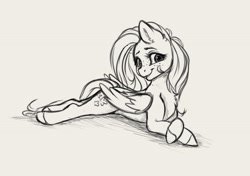 Size: 3164x2228 | Tagged: safe, artist:miokomata, imported from derpibooru, fluttershy, pegasus, pony, chest fluff, crossed hooves, cute, female, folded wings, freckles, freckleshy, gray background, grayscale, high res, looking at you, lying down, mare, monochrome, prone, shyabetes, simple background, smiling, smiling at you, solo, turned head, wings