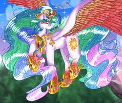 Size: 976x819 | Tagged: safe, artist:urbanarts5, imported from derpibooru, princess celestia, alicorn, pony, cloud, crown, dawn, ethereal mane, eyes closed, feather, female, flowing mane, flowing tail, gem, grass, hoof shoes, horn, jewelry, raised hoof, regalia, sky, solo, sparkles, spread wings, starry mane, tail, wings