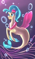 Size: 1147x1920 | Tagged: artist needed, safe, imported from derpibooru, princess skystar, seapony (g4), my little pony: the movie, blue eyes, blue mane, bubble, dorsal fin, female, fin wings, fins, fish tail, flower, flower in hair, flowing tail, freckles, jewelry, necklace, pearl necklace, purple background, simple background, smiling, solo, tail, underwater, water, wings