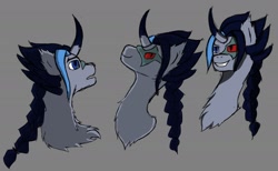 Size: 1424x876 | Tagged: safe, artist:lefi32, derpibooru exclusive, imported from derpibooru, pony, unicorn, braid, bust, corrupted, fluffy, horn, kayn, league of legends, ponified, simple background, sketch, smiling, solo, spiky mane, worried