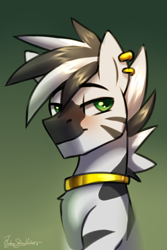 Size: 2000x3000 | Tagged: safe, artist:jedayskayvoker, imported from derpibooru, oc, oc only, oc:tattoo you, pony, zebra, bust, ear piercing, earring, gradient background, high res, jewelry, male, neck rings, piercing, portrait, quadrupedal, smiling, solo, stallion