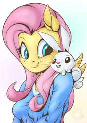 Size: 955x1351 | Tagged: safe, artist:mysticalpha, imported from derpibooru, angel bunny, fluttershy, anthro, bust, clothes, duo, female, gradient background, looking at each other, looking at someone, looking sideways, male, shirt, smiling, three quarter view