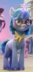 Size: 320x688 | Tagged: safe, imported from derpibooru, screencap, crystal cove, pony, unicorn, spoiler:my little pony: a new generation, background pony, clothes, cropped, cute, female, g5, glasses, glowing, glowing horn, grin, hooves, horn, magic, mare, maretime bay, my little pony: a new generation, periwinkle pi, scarf, smiling, solo, unnamed character, unnamed pony
