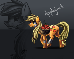 Size: 2000x1600 | Tagged: safe, artist:bakud, imported from derpibooru, applejack, earth pony, pony, apple, bandage, bust, female, food, frown, mare, raised hoof, saddle basket, underhoof, zoom layer