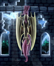 Size: 2236x2683 | Tagged: safe, artist:bakud, imported from derpibooru, fluttershy, bat pony, pony, bat ponified, bat wings, female, flutterbat, hanging, hanging by tail, hanging upside down, high res, indoors, looking at you, mare, race swap, solo, upside down, wings