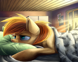 Size: 2500x2000 | Tagged: safe, artist:bakud, imported from derpibooru, oc, oc only, earth pony, pony, bags under eyes, bed, blanket, earth pony oc, female, high res, indoors, mare, morning ponies, pillow, sleepy, solo, tired