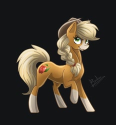 Size: 1080x1166 | Tagged: safe, artist:bakud, imported from derpibooru, earth pony, pony, applejack (g5 concept leak), black background, coat markings, eyelashes, female, g5 concept leaks, hat, mare, raised hoof, signature, simple background, smiling, socks (coat markings), solo