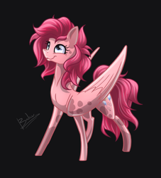 Size: 1236x1360 | Tagged: safe, artist:bakud, imported from derpibooru, pegasus, pony, black background, eyelashes, female, g5 concept leaks, mare, pinkie pie (g5 concept leak), signature, simple background, smiling, solo, wings